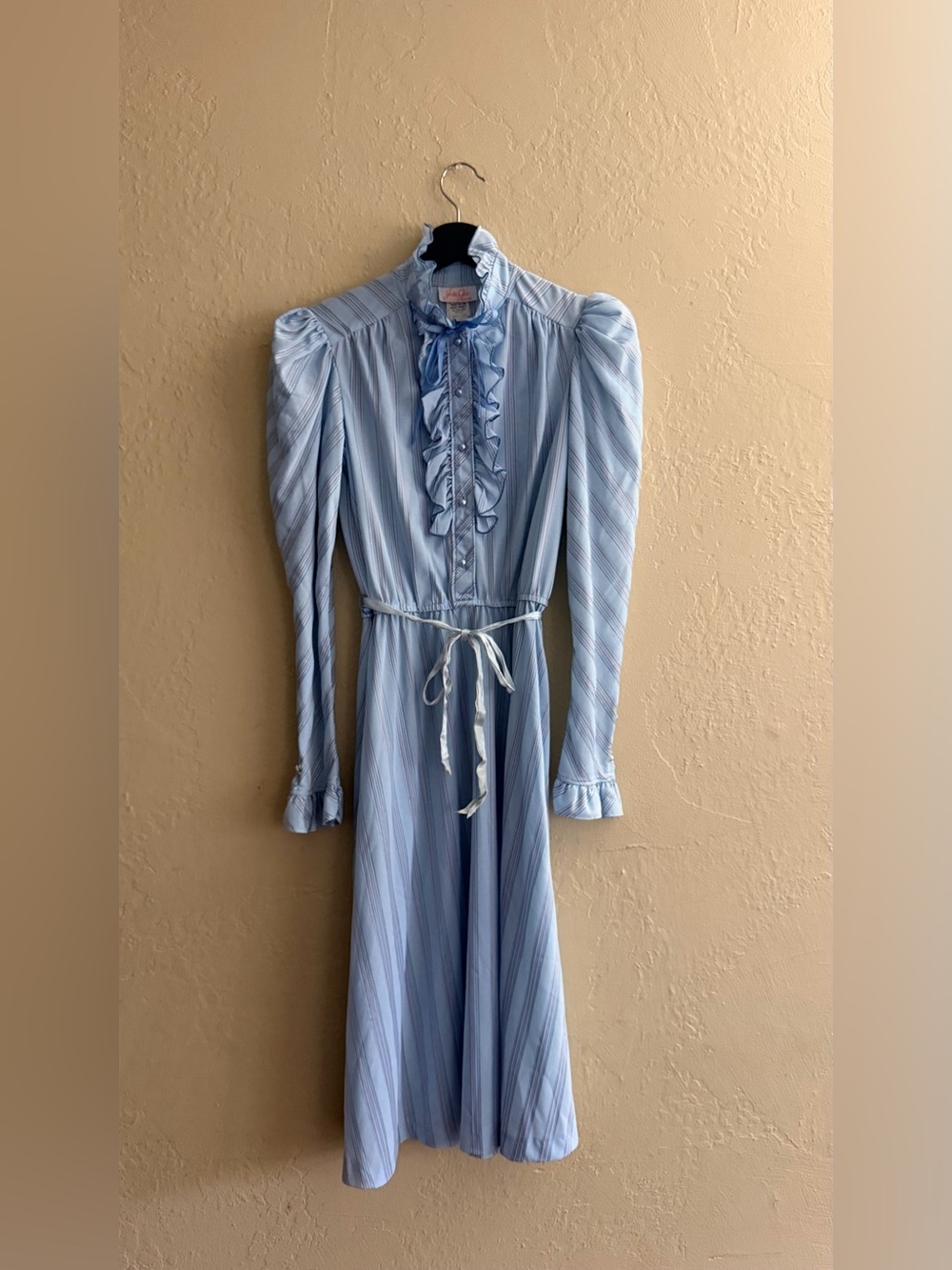 Vintage Soft Blue Ruffle-Front Maxi Dress with Tie Waist